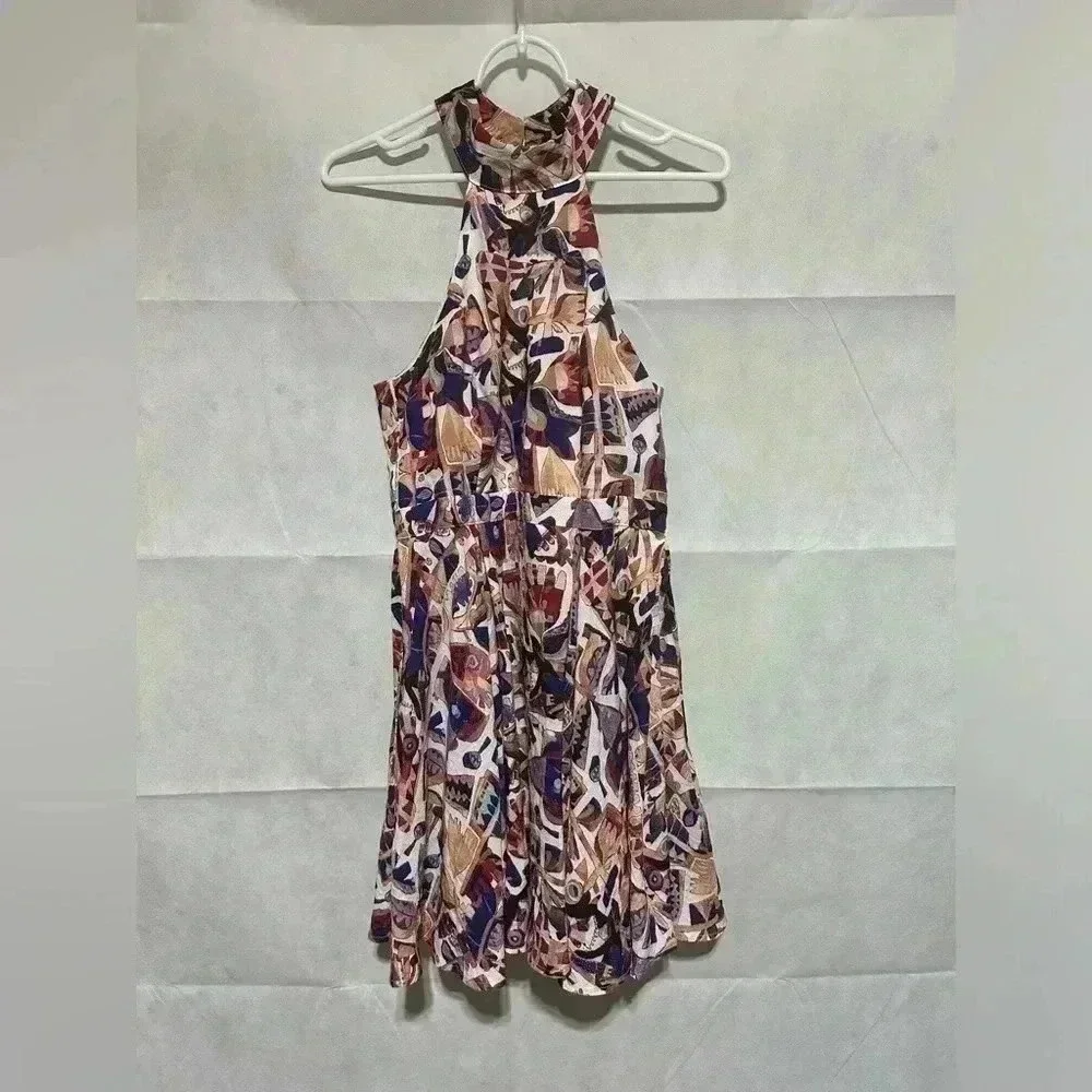 Lulus Sz. M Skater Dress Open Back Halter Neck Geometric Art One Eye Fit & Flare